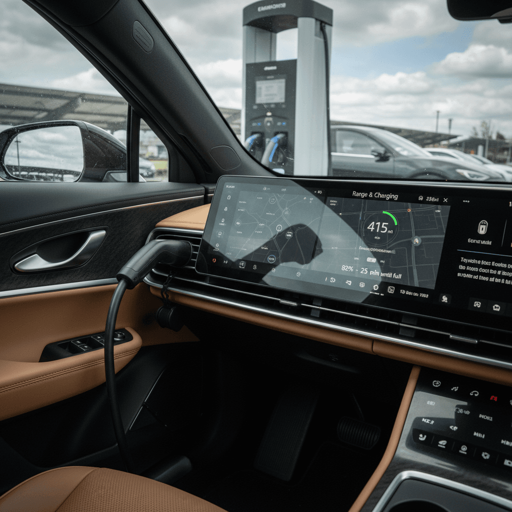 Lucid Air driver watching remaining range estimate while fast charging on a road trip