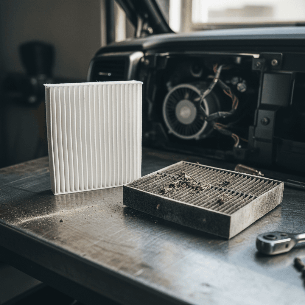 Technician holding a dirty EV cabin air filter next to a clean one on a workbench