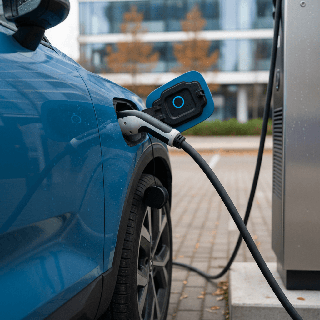 Volvo EX30 charging at a public DC fast charger with cable plugged into front fender