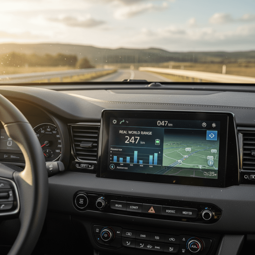 Kia Niro EV driver display showing realistic remaining range and energy consumption on a typical drive