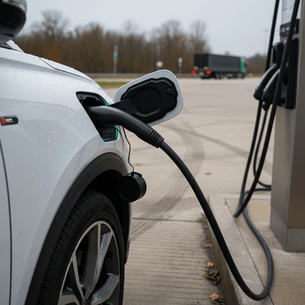 2023 Audi Q4 e-tron plugged into a DC fast charger at a modern highway charging plaza