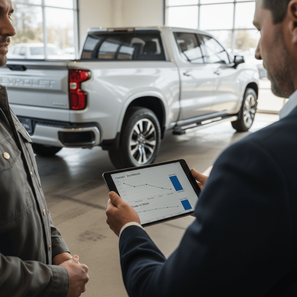 Owner and salesperson reviewing a Chevrolet Silverado EV battery health and trade‑in offer on a tablet.