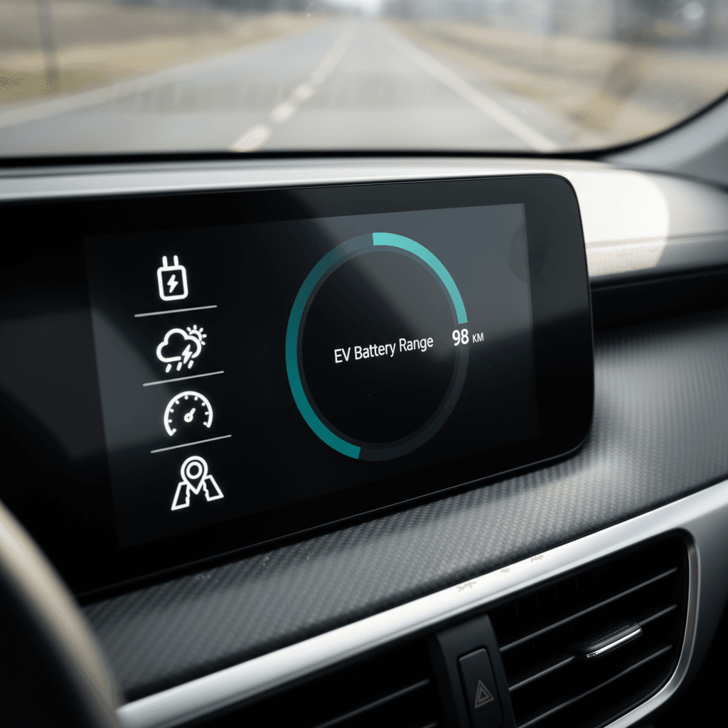 Conceptual illustration of an EV range gauge next to icons for charging stations, weather, speed, and navigation apps