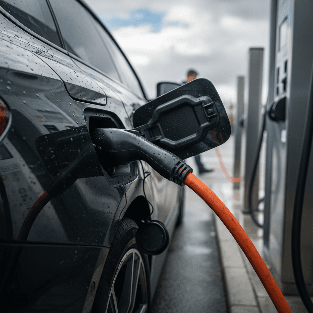 Driver plugging a charging cable into a BMW i4 at a public fast charging station