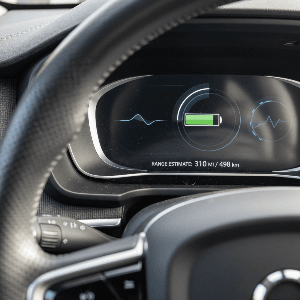 Digital display in a Volvo EX90 showing battery state of charge and estimated range, emphasizing EV health