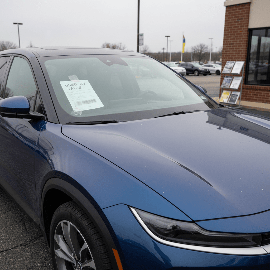 Row of used Tesla Model Y SUVs parked at a dealership lot with price stickers in the windows