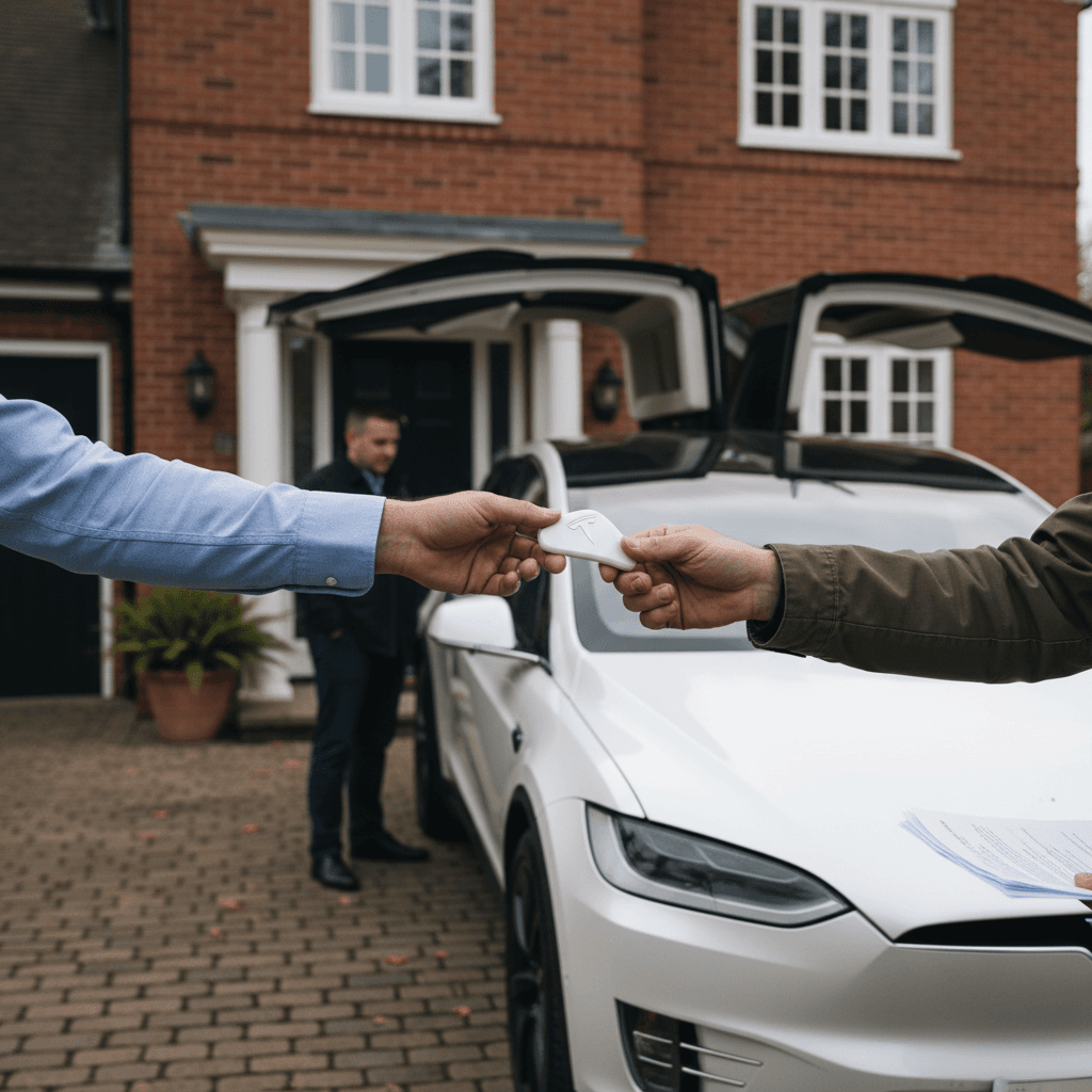 Seller and buyer completing paperwork for a Tesla Model X sale in a Georgia neighborhood