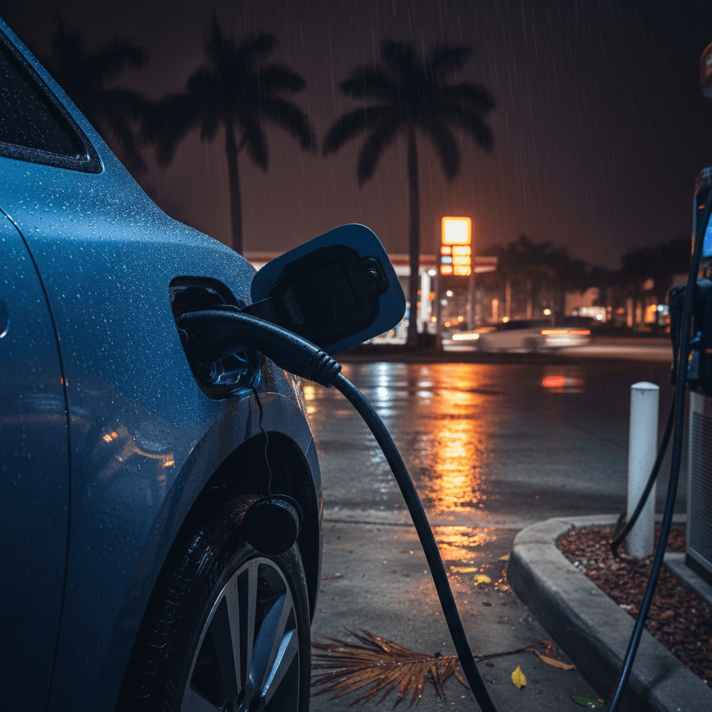 Electric vehicle charging at a station in Florida at night, with a gas station price sign visible in the background