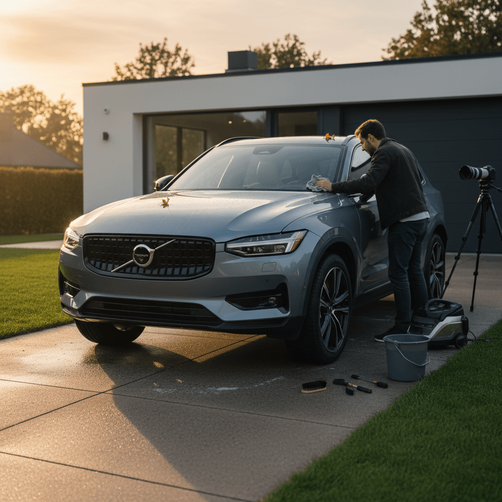 Owner detailing and photographing a Volvo EX90 electric SUV before listing it for sale