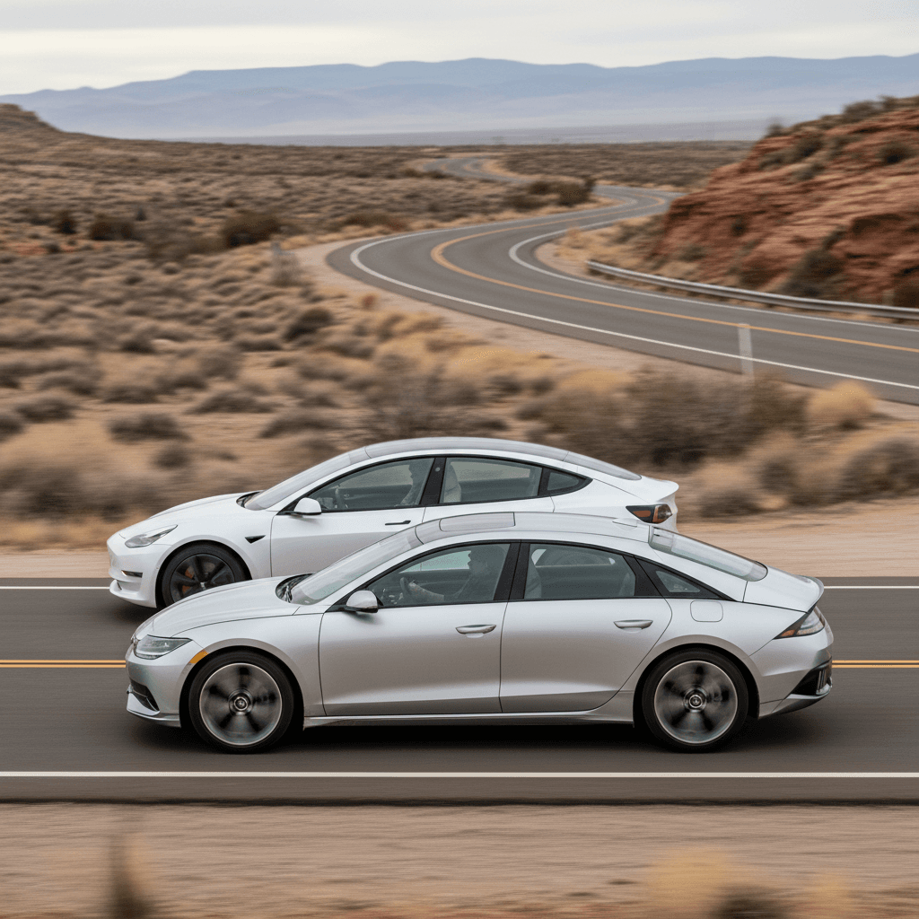Side profile view of a Tesla Model 3 and Hyundai IONIQ 6 driving together on an open highway