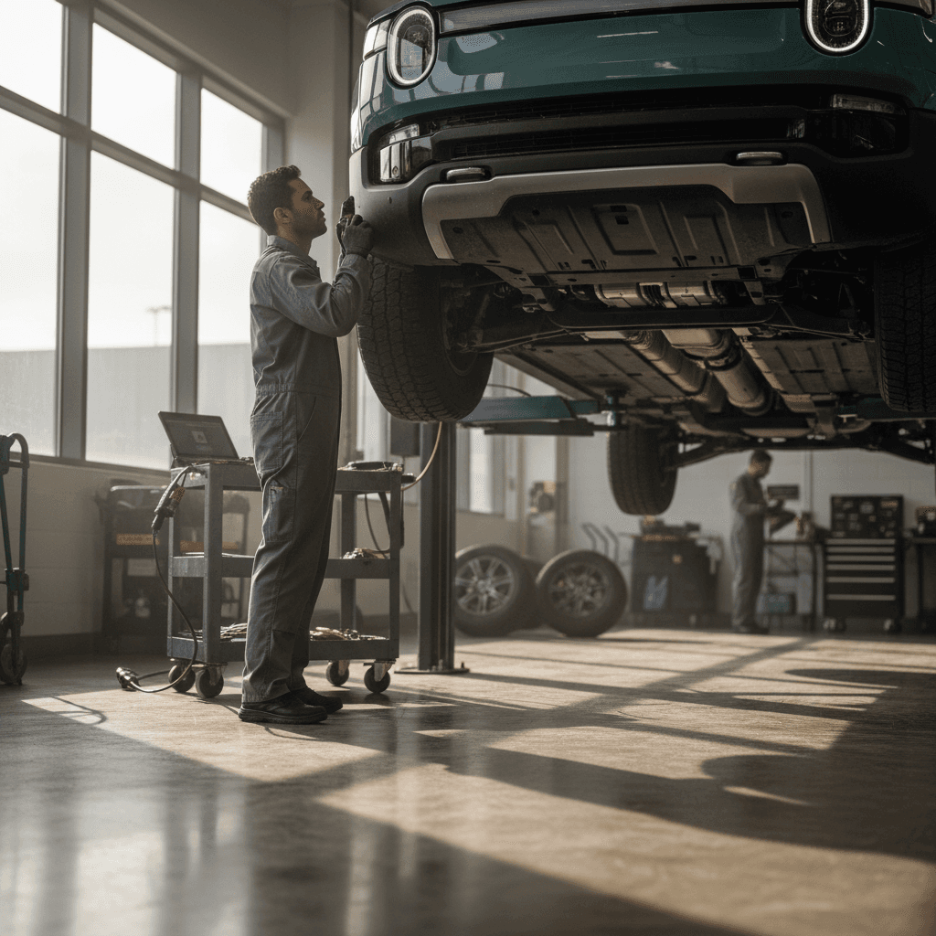 Technician performing reliability inspection on a Rivian R1T electric pickup on a lift