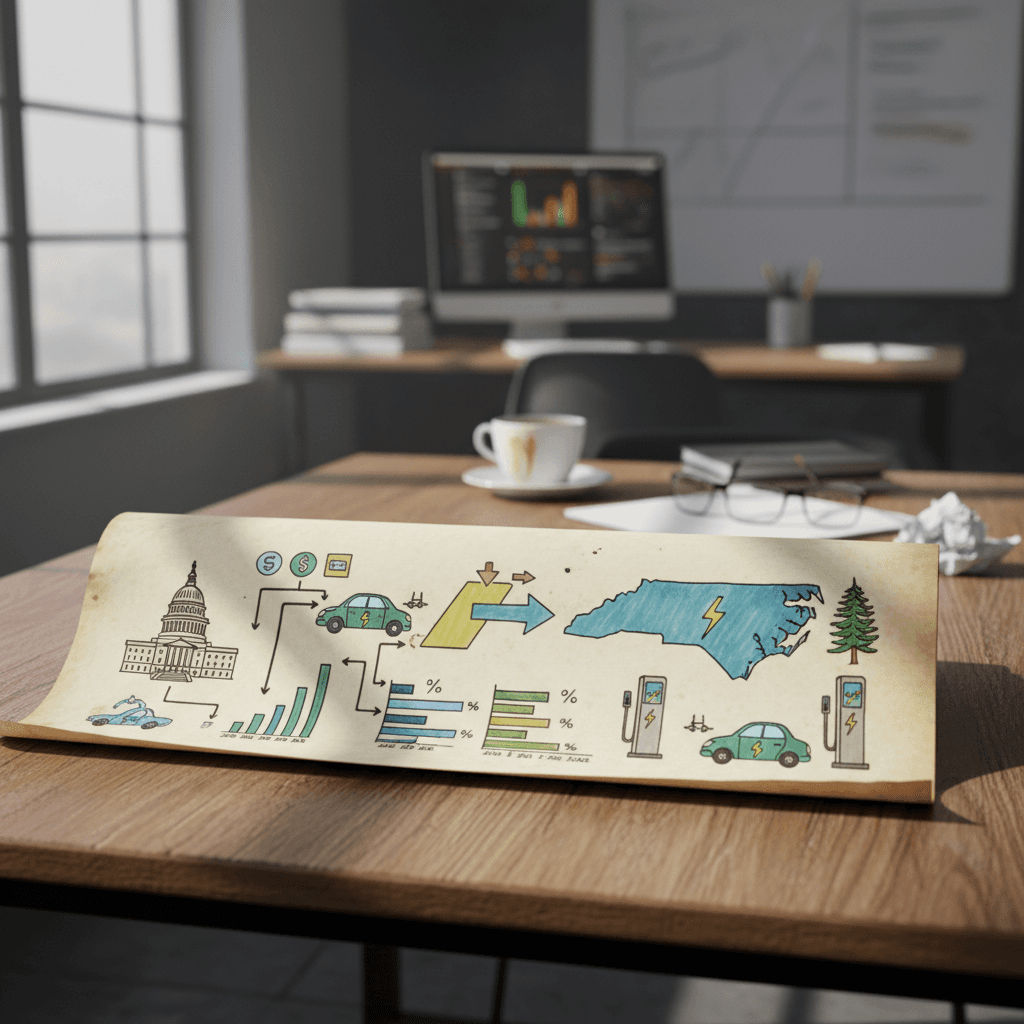Timeline graphic showing federal EV purchase credits ending in 2025 and home charger credits ending mid-2026 for North Carolina EV shoppers