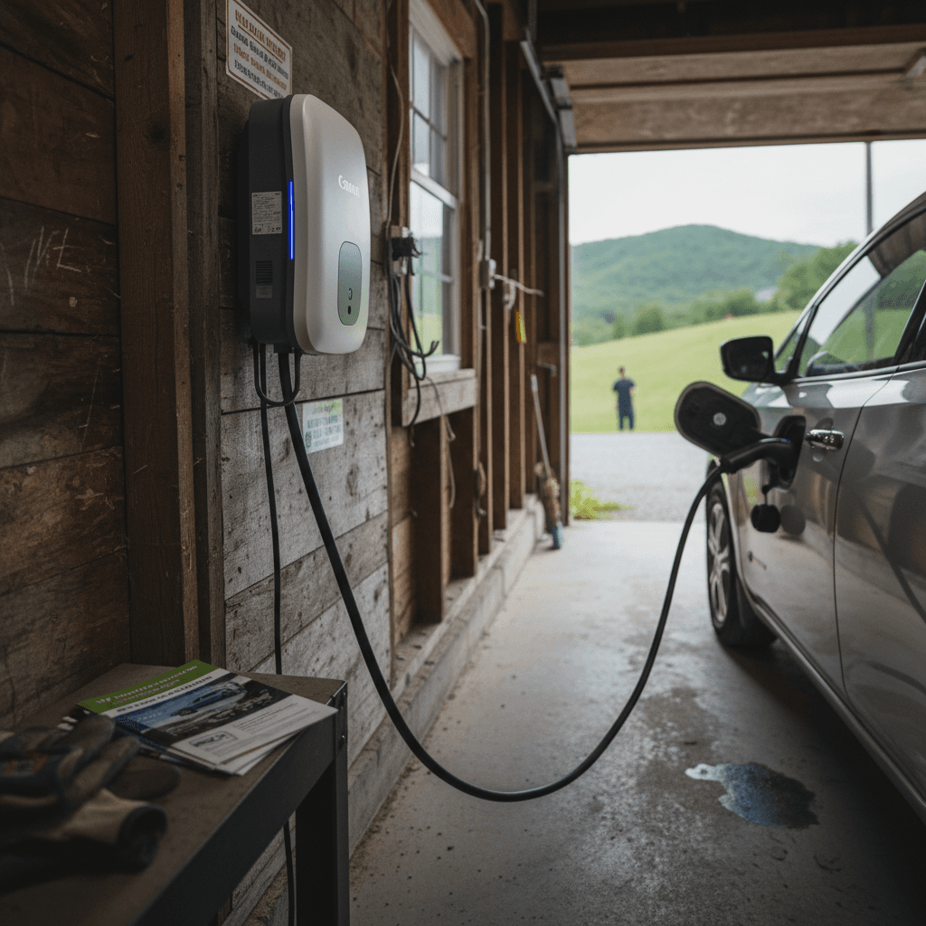 Level 2 home EV charger mounted in a West Virginia garage with an electric car plugged in