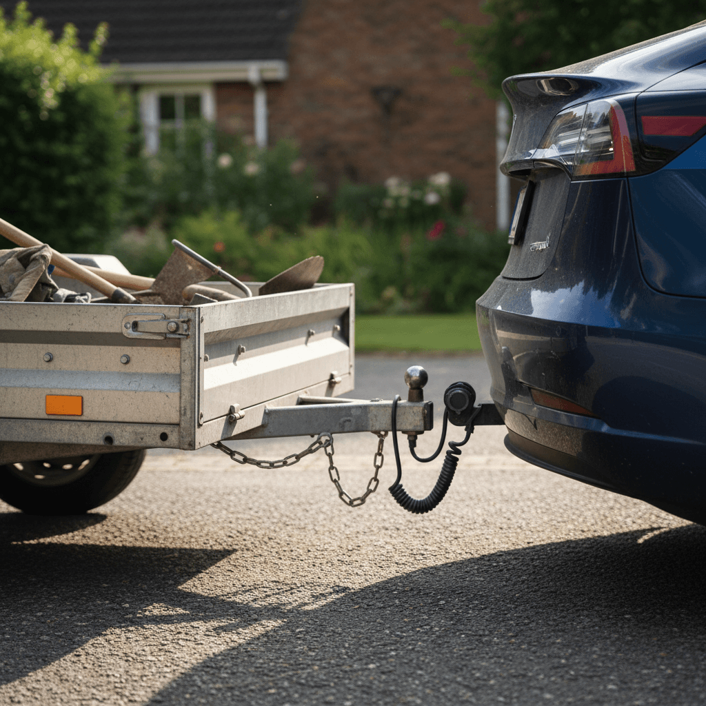 Tesla Model 3 backed up to a small utility trailer attached to a factory tow hitch in a suburban driveway