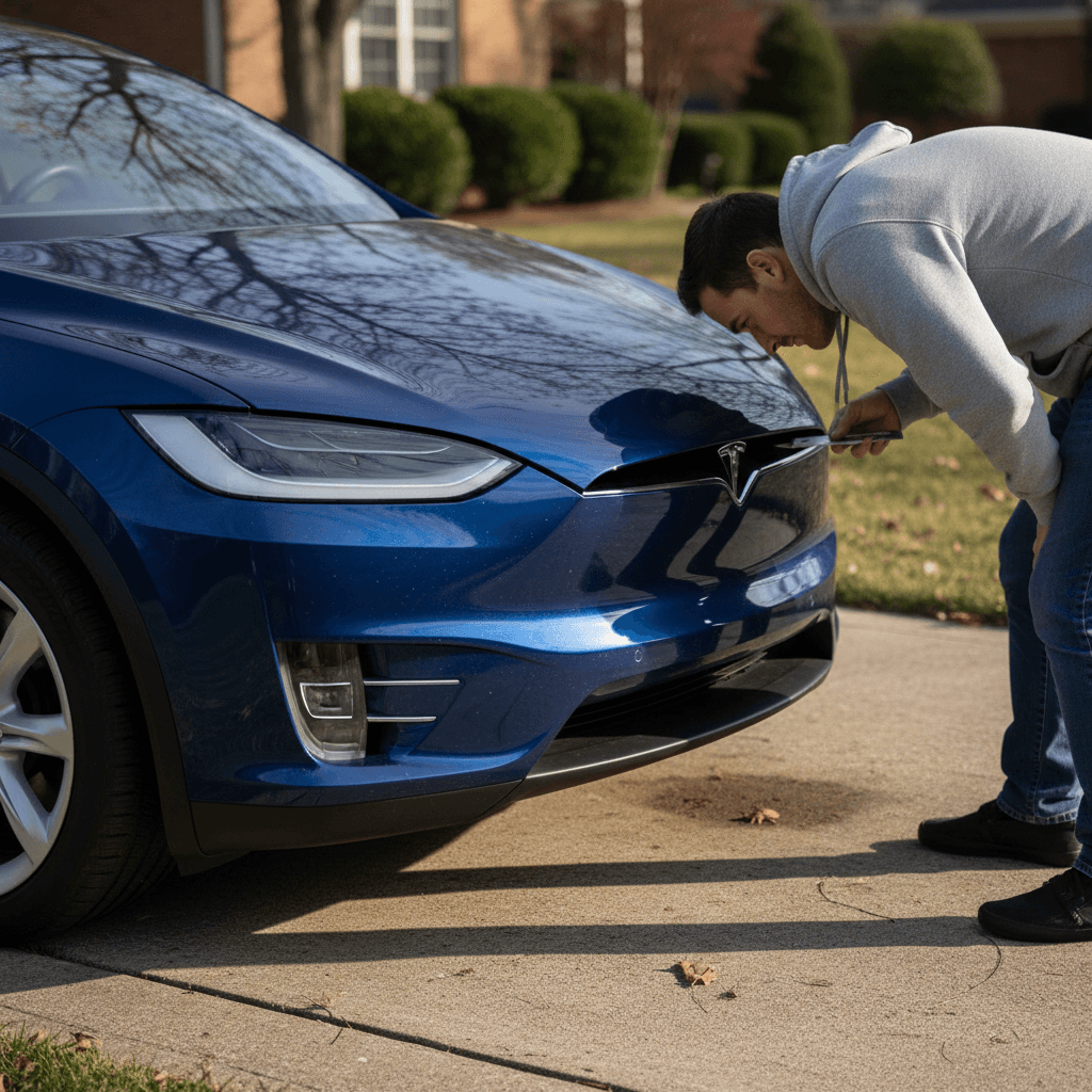 Buyer inspecting the body panels and doors of a 2024 Tesla Model X in a driveway