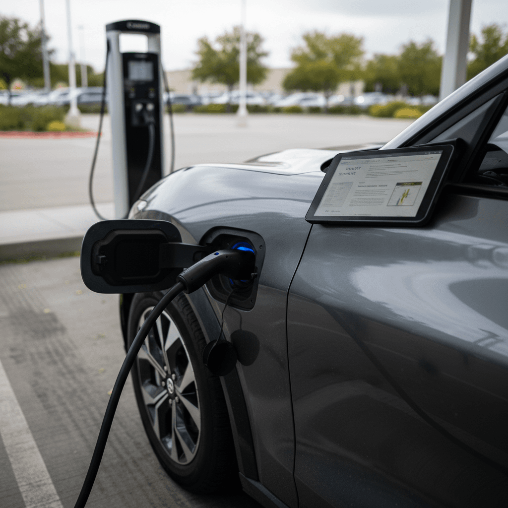 Owner reviewing a battery health report for a 2021 Ford Mustang Mach-E while the vehicle charges