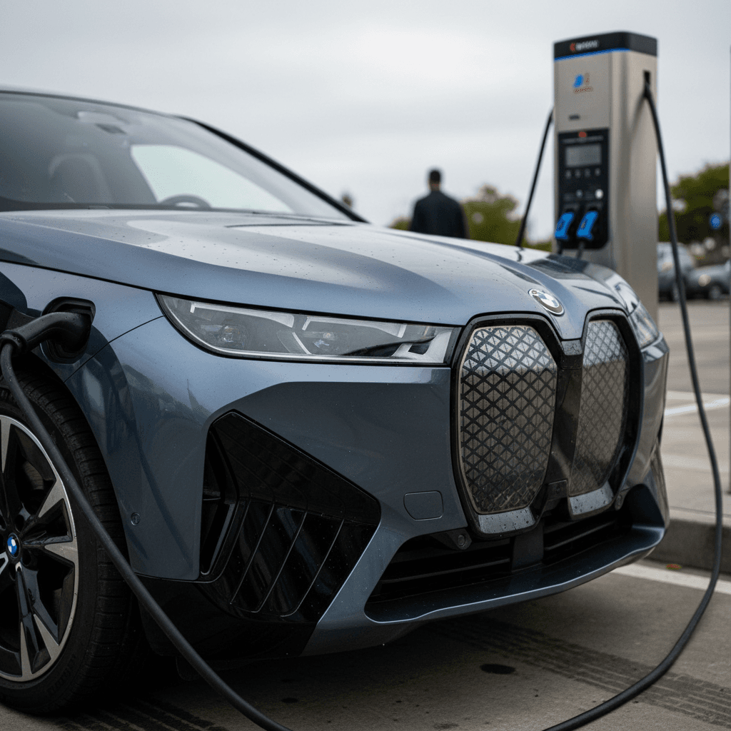 2024 BMW iX electric SUV plugged in at a public DC fast charging station