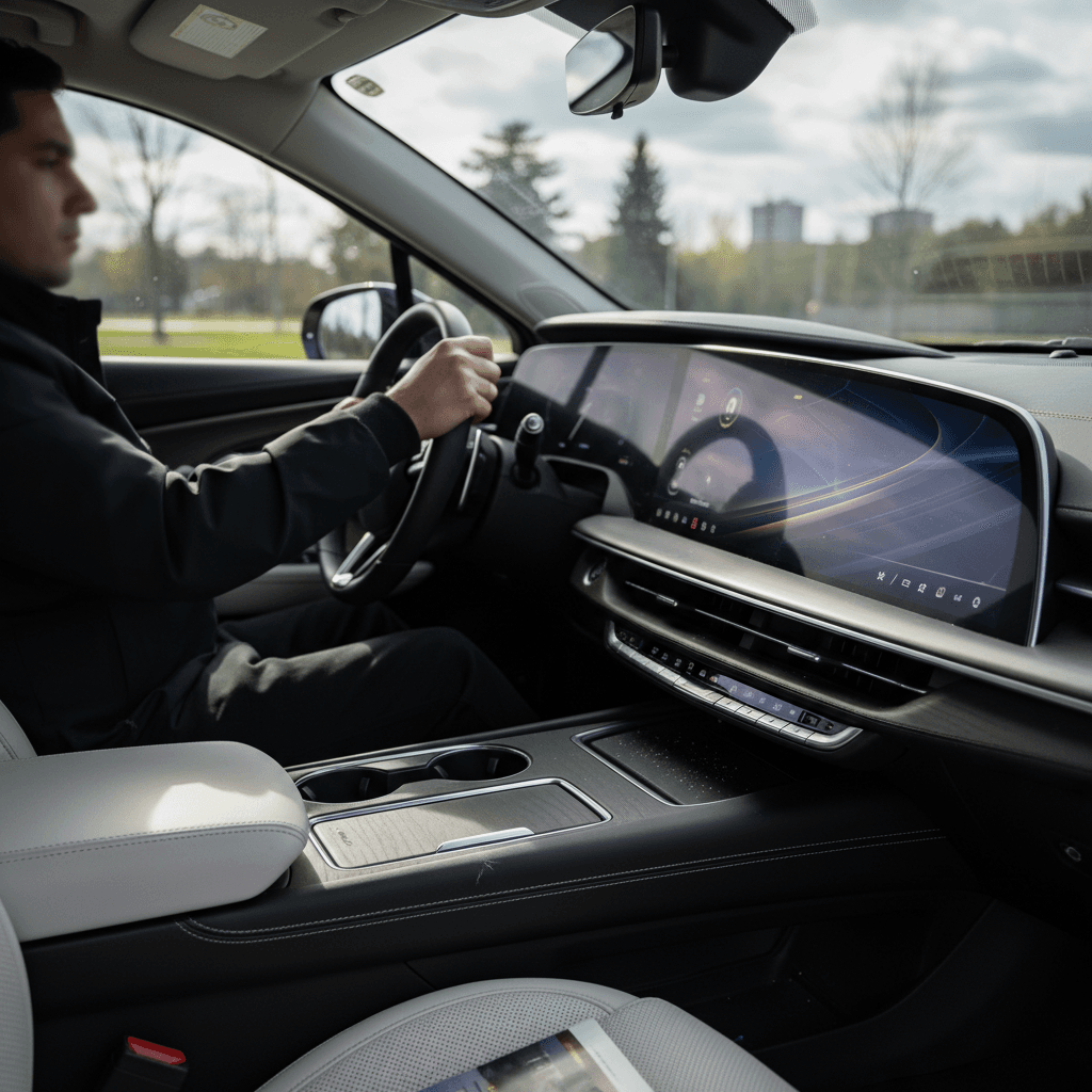 Driver in a 2023 Cadillac Lyriq with the 33-inch curved display illuminated and visible steering wheel controls