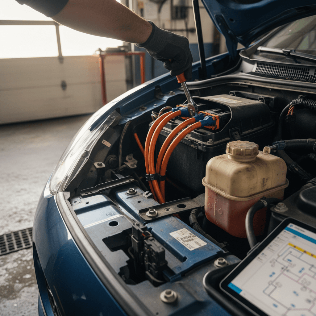 Technician inspecting an electric vehicle battery pack from underneath the car in a workshop