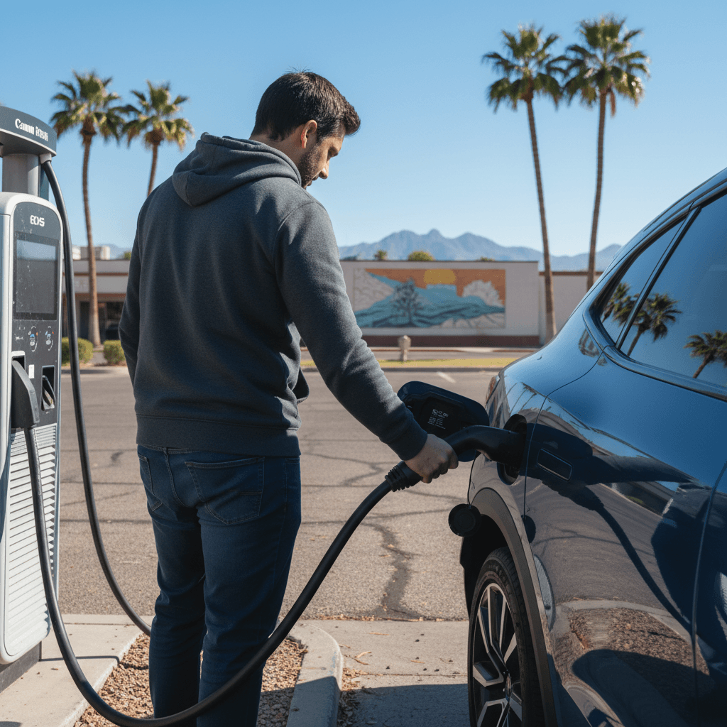 Driver plugging an electric vehicle into a DC fast charger at a sunny Phoenix shopping center with palm trees and mountains in the background