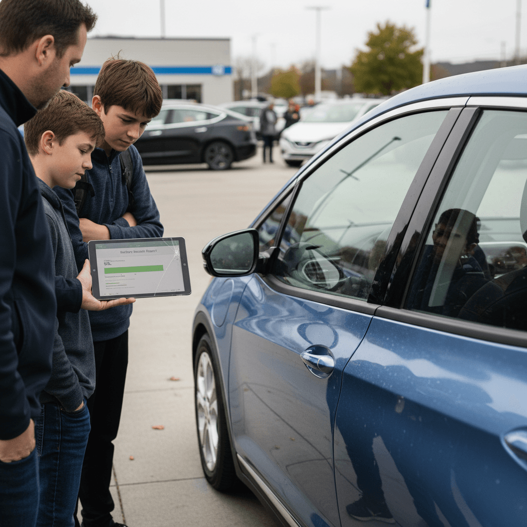 Customer and EV specialist reviewing a used electric car’s battery health and pricing on a tablet
