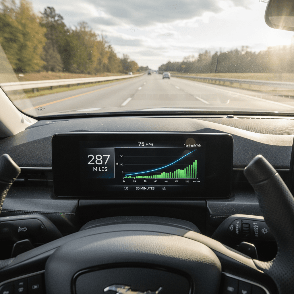 Close-up of a 2022 Ford Mustang Mach-E digital instrument cluster showing remaining range and energy consumption while cruising on the highway