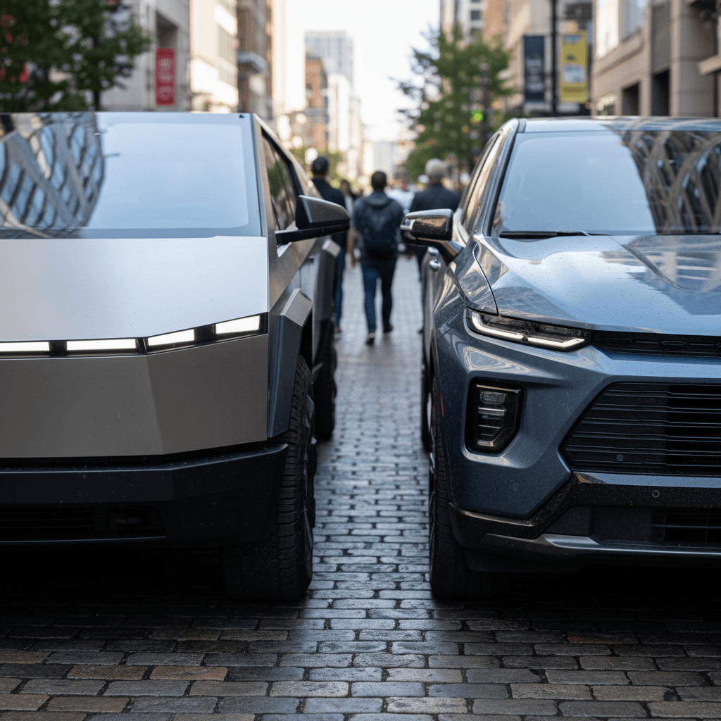 Front-end comparison of Tesla Cybertruck and Chevrolet Silverado EV parked in a city street
