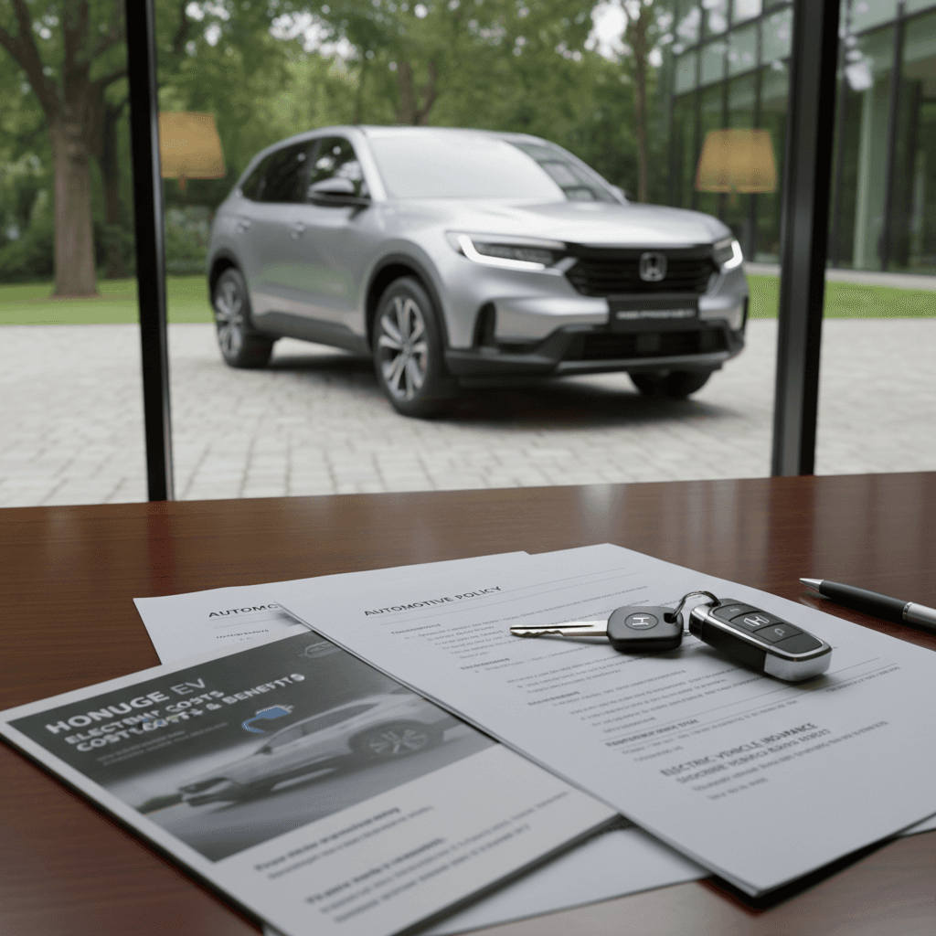 Car insurance forms, key fob, and an electric SUV blurred in the background, representing Honda Prologue insurance decisions