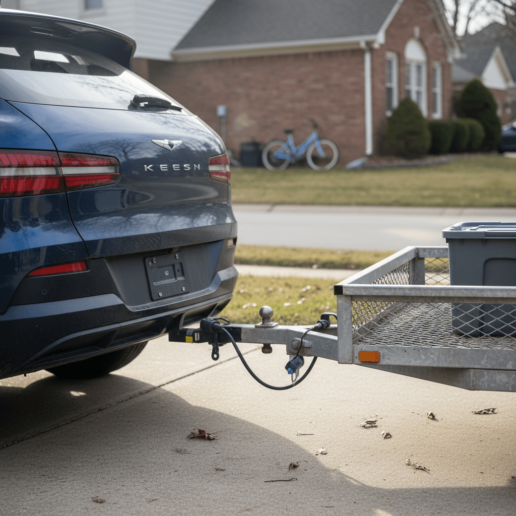 Genesis GV60 with a factory tow hitch and small trailer attached in a driveway