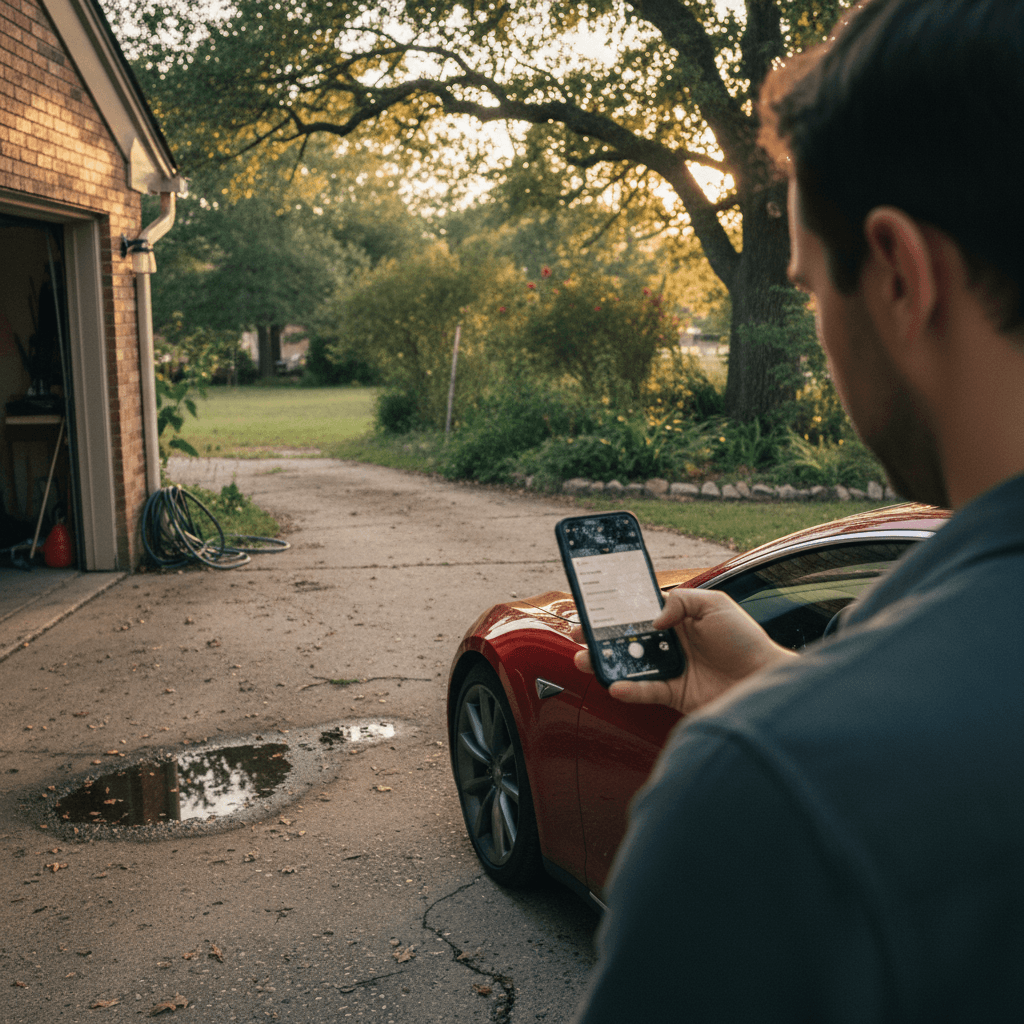 Tesla Model S owner taking photos of the car in a clean driveway before creating an online listing
