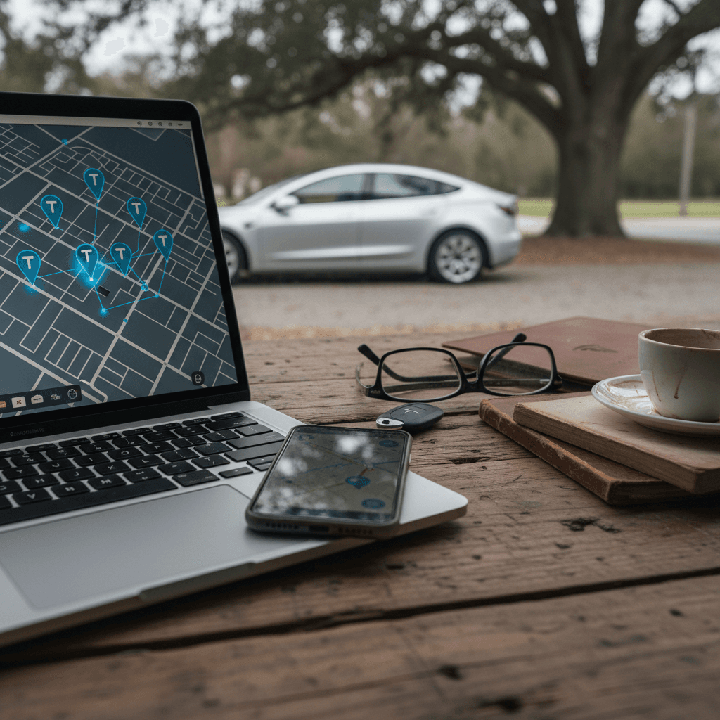 Tesla vehicles being serviced inside a modern Tesla service center