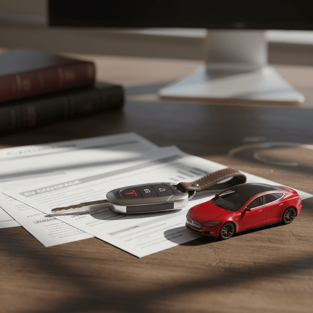 Insurance paperwork, pen, car keys, and a red Tesla Model S model car arranged on a desk to represent monthly insurance costs.
