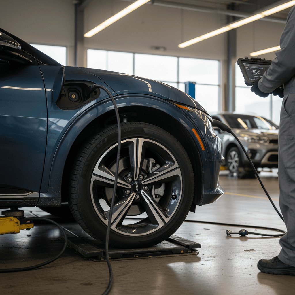 Technician inspecting used 2022 Kia EV6 in service bay, checking wheels and charging port