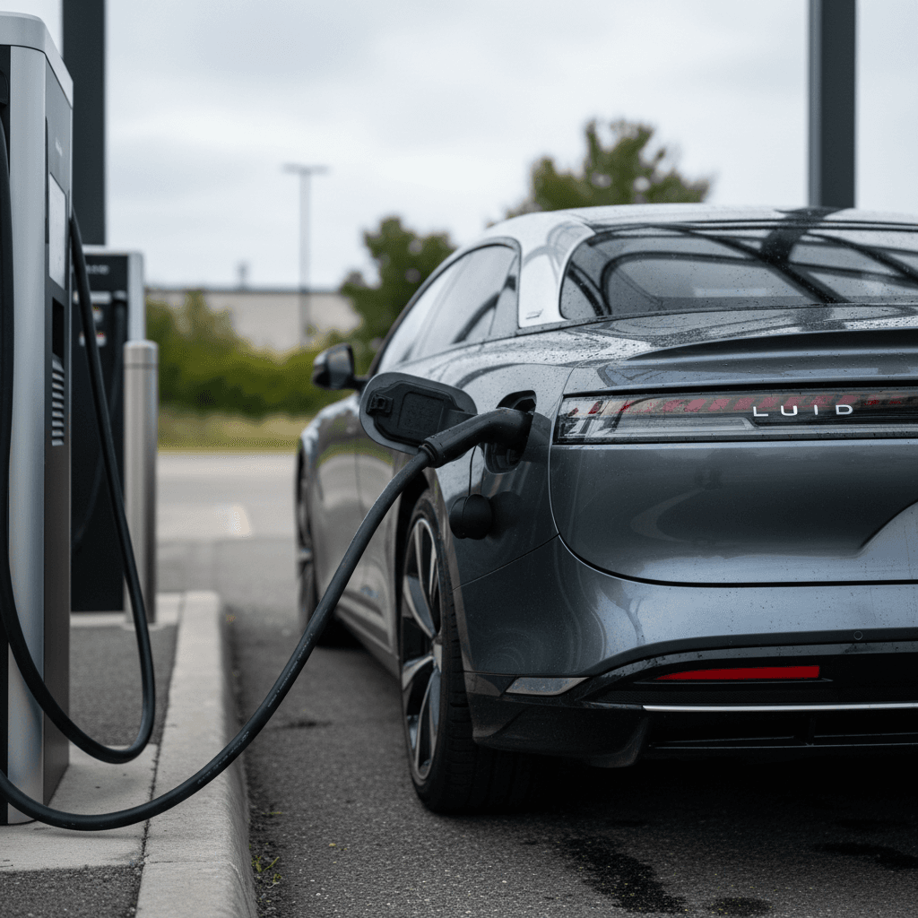 Lucid Air Grand Touring charging at a high-power DC fast charging station on a highway trip