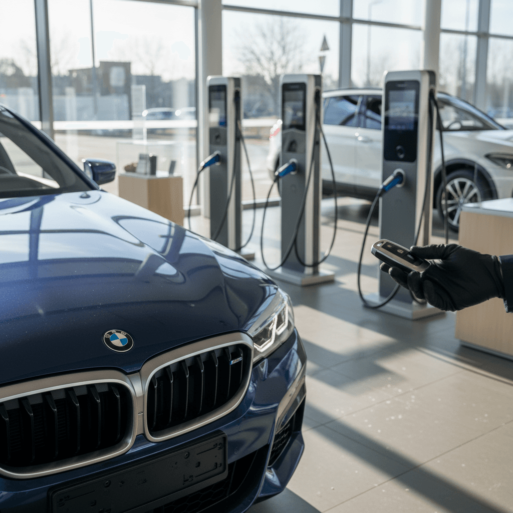 BMW i5 owner completing a sale at an EV-focused dealership with on-site charging and battery health diagnostics