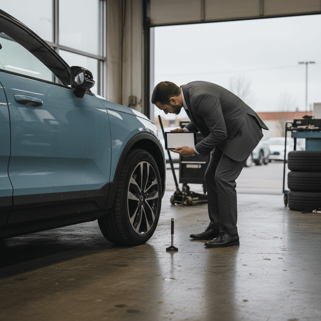 Technician performing battery health diagnostics on a used 2024 Volvo EX30 in a service bay