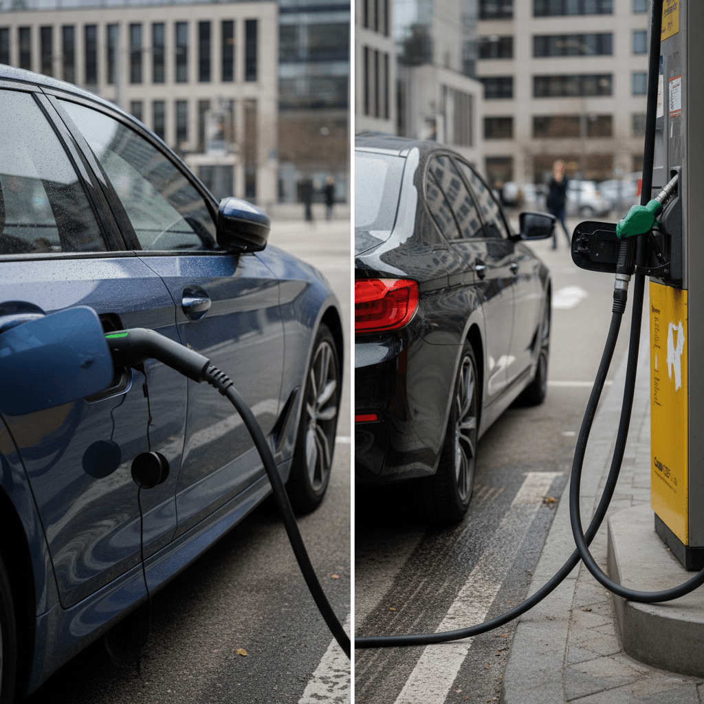 BMW i5 plugged into a home Level 2 charger next to a gas BMW 5 Series at a fuel pump
