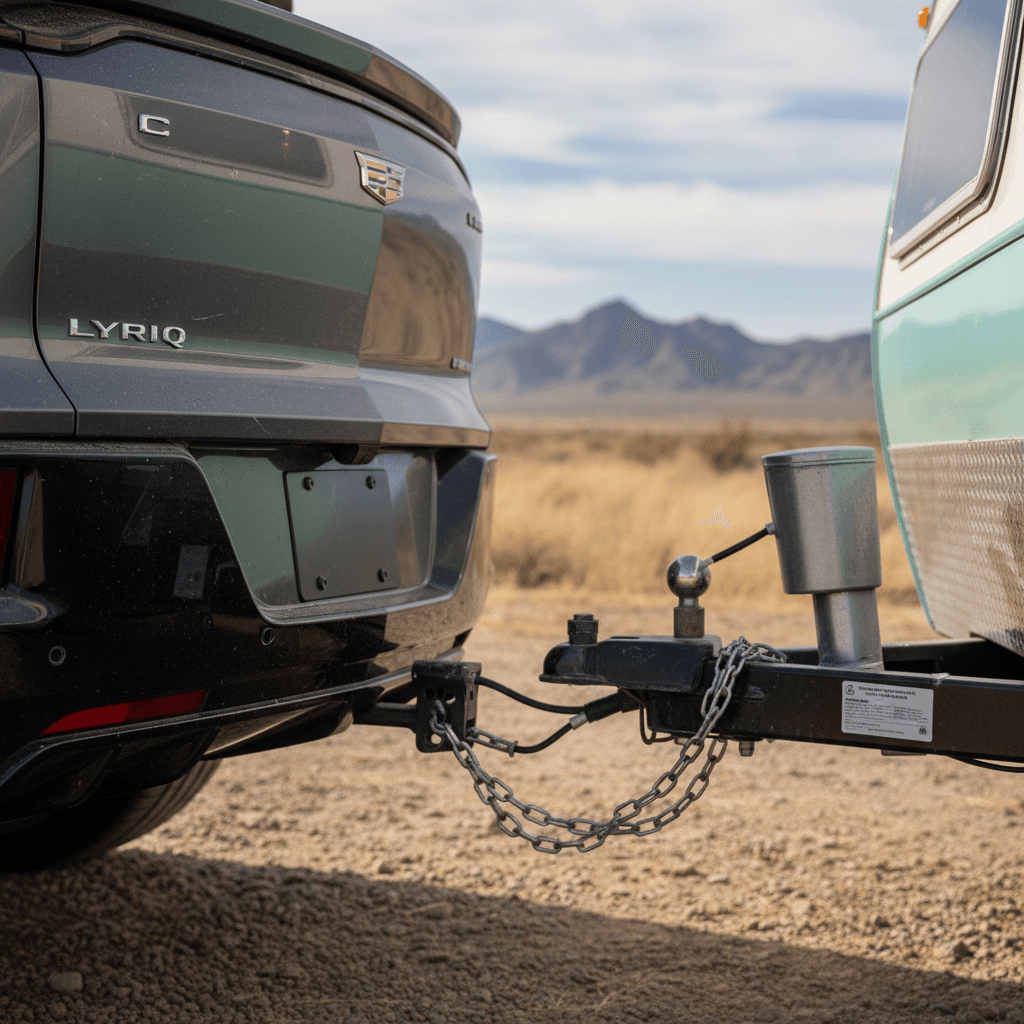 Cadillac Lyriq towing a small camper trailer on a highway, illustrating the impact on EV range
