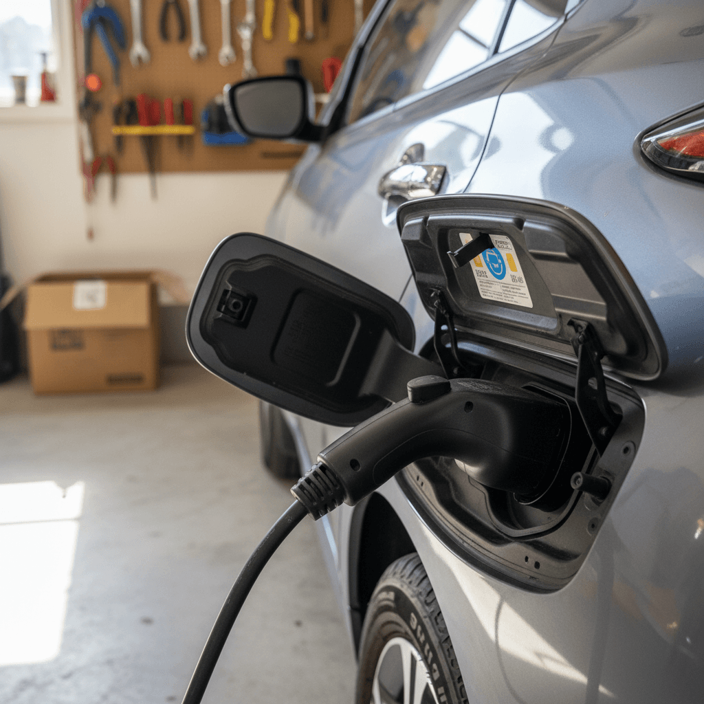 Row of used electric vehicles and gas cars parked at a dealership lot