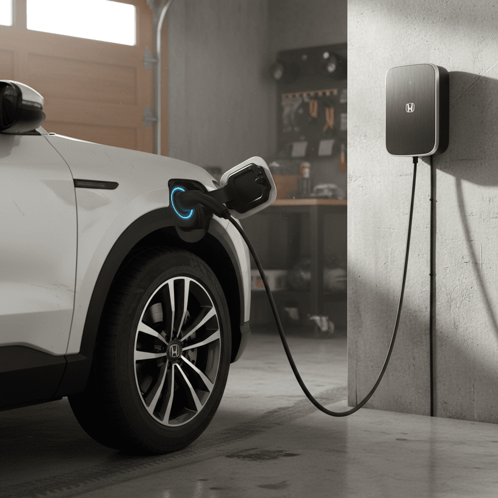 Honda Prologue plugged into a Level 2 wallbox charger in a home garage