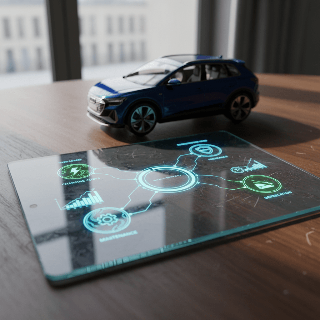Infographic showing the main annual cost categories to own an Audi Q4 e-tron including charging, insurance, maintenance and depreciation