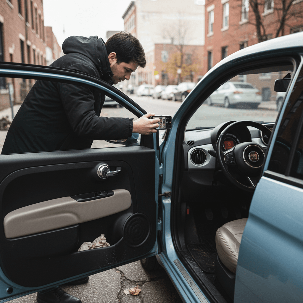Owner photographing a clean Fiat 500e exterior and interior to create an online used EV listing
