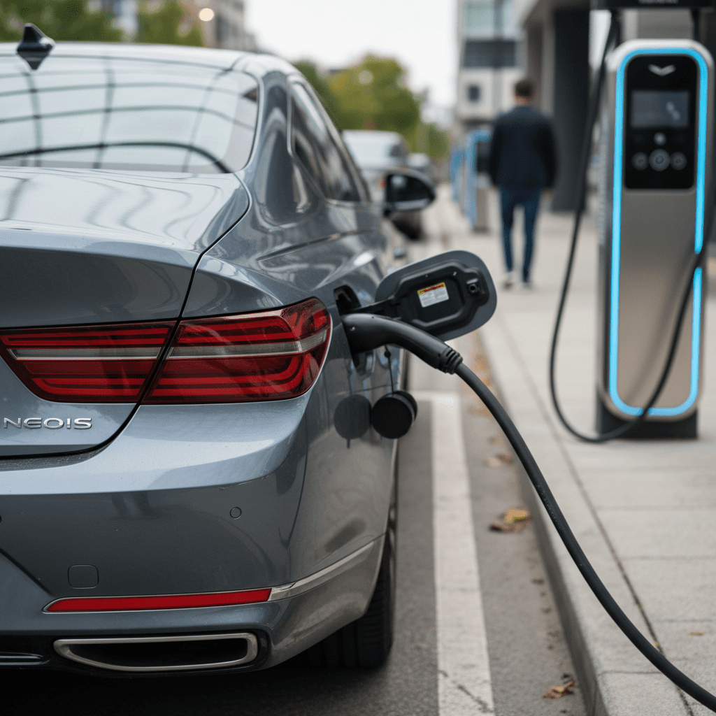 Genesis Electrified G80 parked at a public charging station, rear three-quarter view highlighting sleek sedan profile