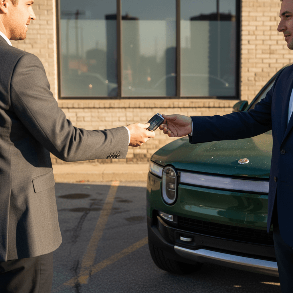 Dealer appraising a 2024 Rivian R1S while owner waits nearby