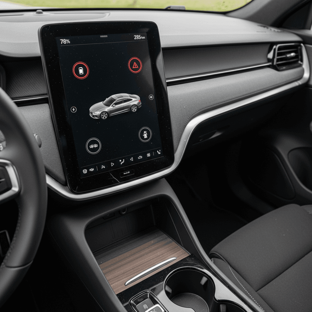 Interior of a 2021 Polestar 2 showing the central touchscreen and digital gauge cluster with warning icons lit