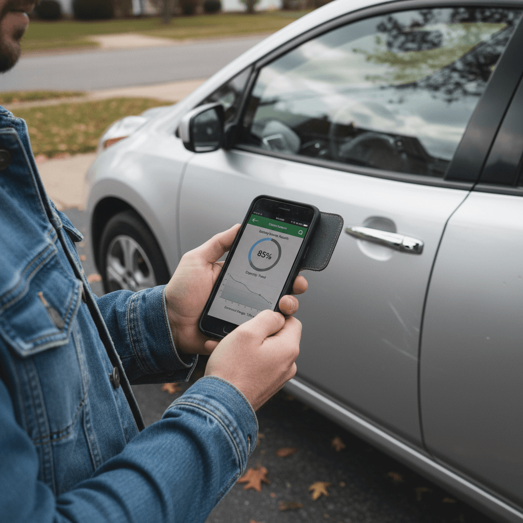 Driver using a smartphone app to check Nissan Leaf battery health before selling