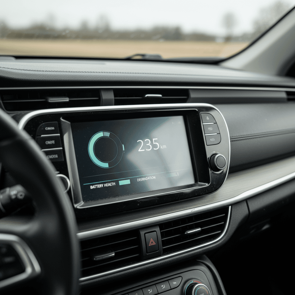 Electric car dashboard screen showing battery charge level and remaining driving range