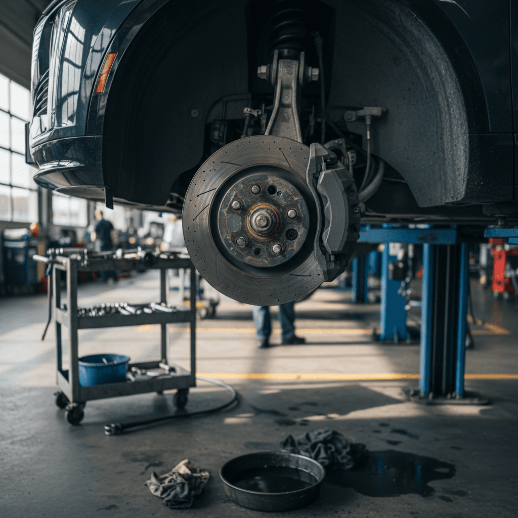 Cadillac Lyriq on a service lift with a technician inspecting the wheel and brake area