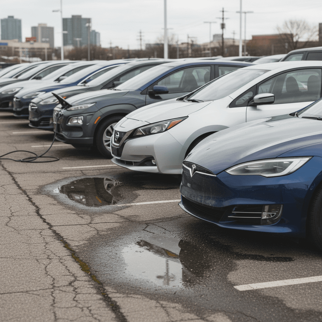 Row of used electric vehicles parked at a modern dealership lot