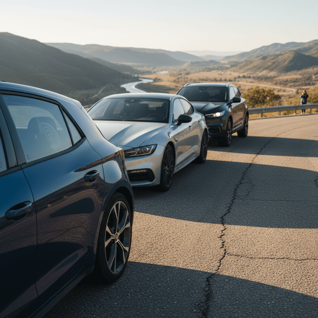 Lineup of sporty electric hatchback, sedan, and SUV parked on a winding scenic overlook road